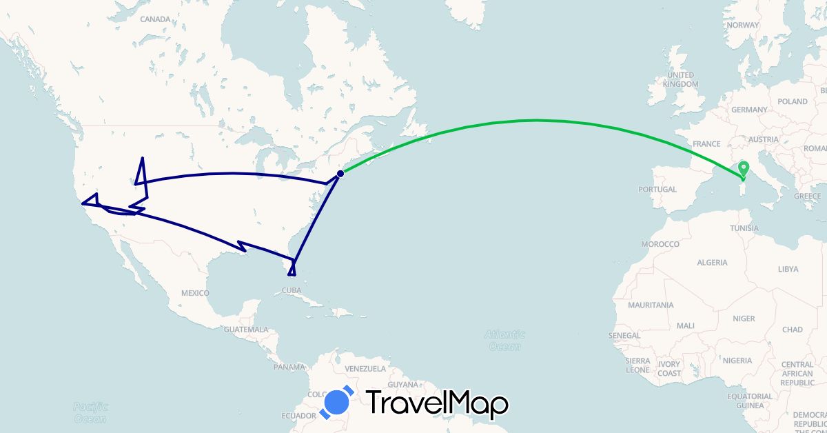 TravelMap itinerary: driving, bus in France, United States (Europe, North America)